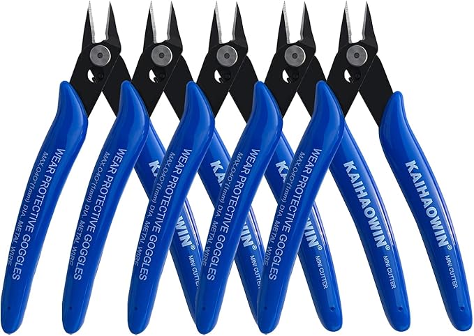 kaihaowin micro wire cutters with spring, 5 pack, 5 inch precision mini flush cutters bulk, nippers, flush cutting pliers, wire snips, small side cutters for electronics crafts jewelry-blue