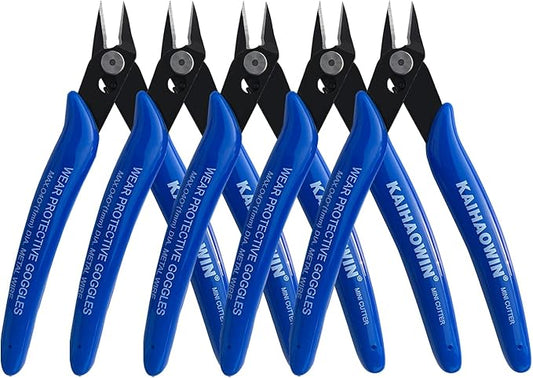 kaihaowin micro wire cutters with spring, 5 pack, 5 inch precision mini flush cutters bulk, nippers, flush cutting pliers, wire snips, small side cutters for electronics crafts jewelry-blue
