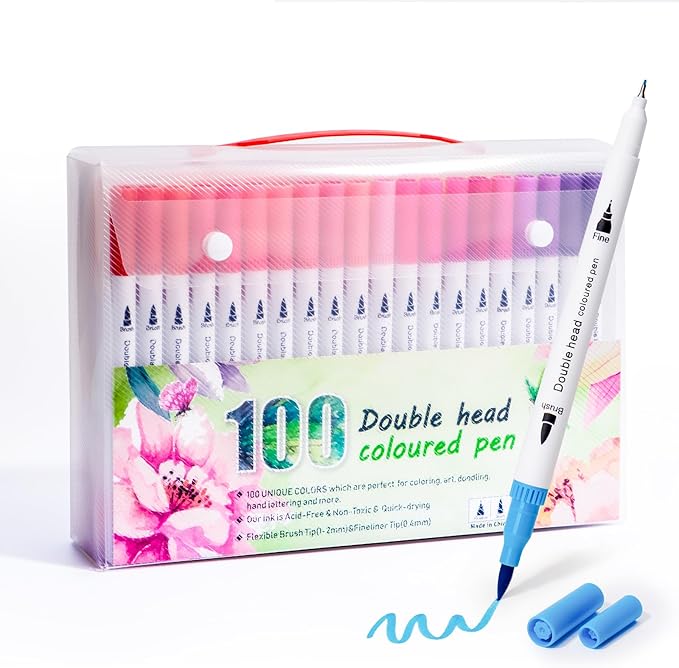 100 Colors Markers for Adult Coloring Books No Bleeding - Dual Tip Water Based Art Coloring Markers Set for Drawing, Painting, Fine Tip and Brush Tip Brush Pens for Artists(White Barrel)