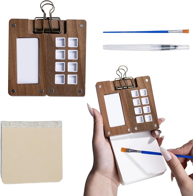 8-Well Mini Watercolor Palette Kit, Ultra-Portable Pocket Travel Paint Case with Water Brush, Hair Brush, Sketchbook & Clip, DIY Tiny Art Studio for Beginners