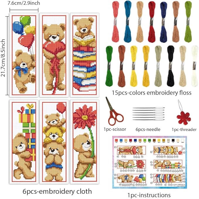 INFUNLY 6PCS Brown Bear DIY Cross Stitch Bookmark Kits 8.5"×2.9" Cute Bear Stamped Embroidery Kits with Instructions Balloons Gift Box Needlepoint Bookmark Kits for Book Lovers Readers Writers