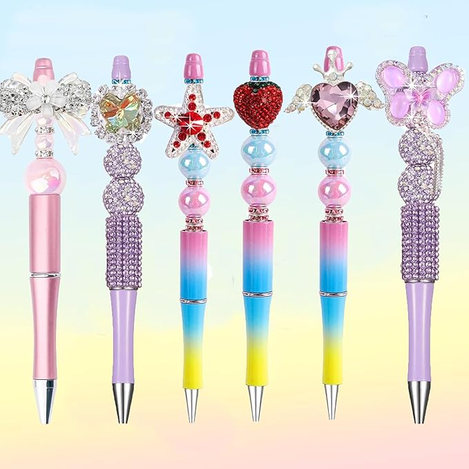5pcs Rhinestone Handcrafted Beads, Sparkling Diamond Flower Pen Focal Interval Bead String Ballpoint Pen,DIY Craft Ballpoint Pen Jewelry Bracelet, Necklace, Keychain Making (Round Crystal)