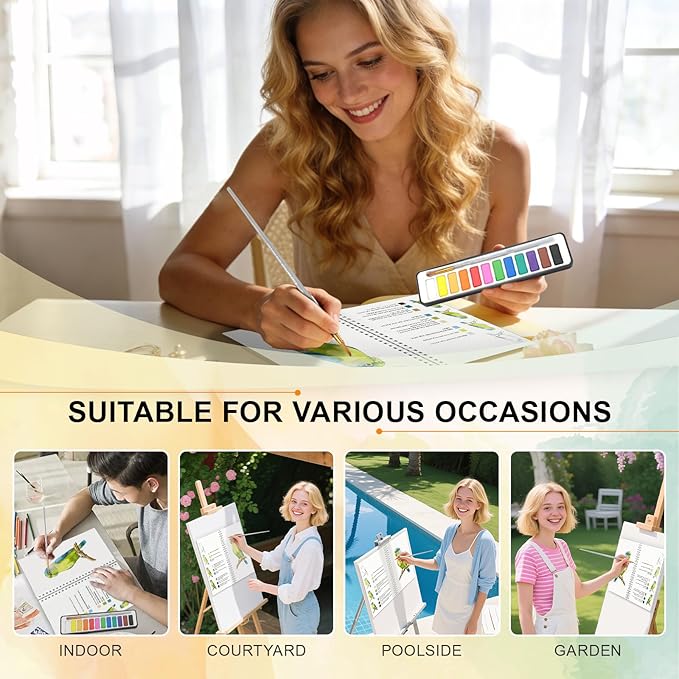 APOLYONE 2-Pack Beginner Watercolor Workbooks: 24 Coloring Pages + 12 Watercolor Paints + Brush – 300gsm/140lb Paper – Gift for Women, Adults & Beginners (Birds & Flower)
