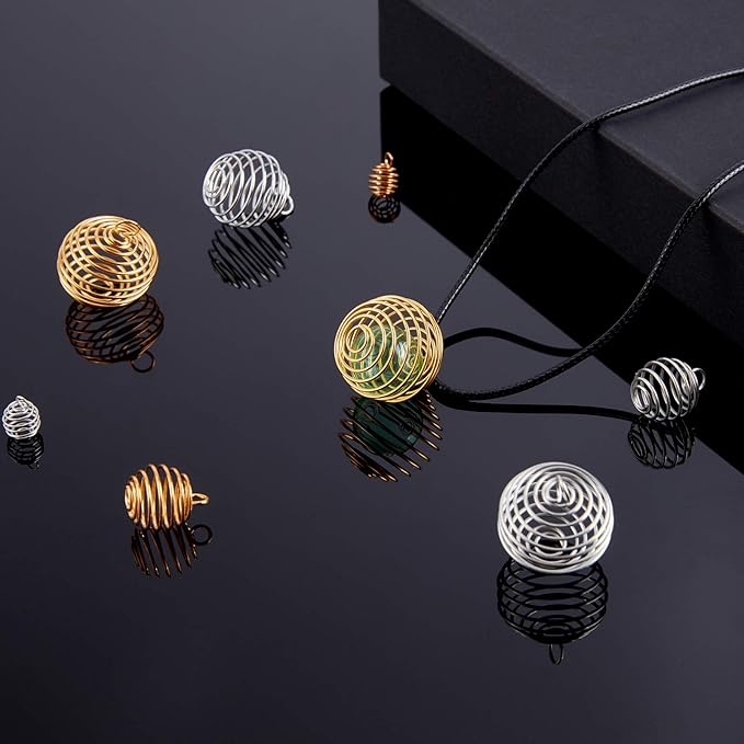 PH PandaHall 72pcs Spiral Bead Cage Pendants Set 48pcs 4 Sizes Iron Stone Holder Cage Necklace Pendants with 24pcs Leather Cord for Jewelry Making Crafting, 9/15/25/30mm