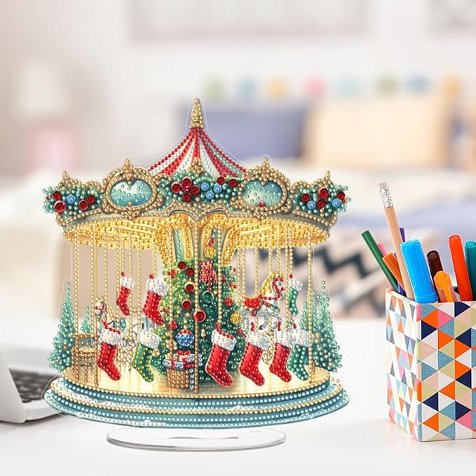 LAKEQUILL Christmas Diamond Painting Kits, Tabletop Ornament, Stand Up Diamond Art Desktop Kits for Home Office Decor, New Year Gift - Xmas Carousel