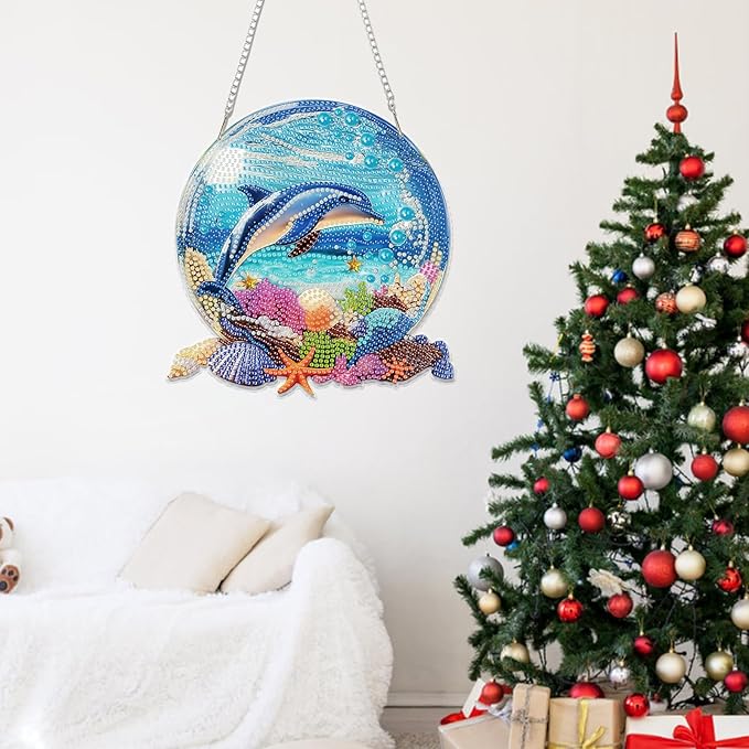 Miwixy Dolphin Hanging Diamond Art Kits for Adults,Beach Special Shaped Crystal Christmas Diamond Painting Ornament Kit DIY Double-Sided Pattern Window Pendant Gem Art Kit for Home Wall Decor
