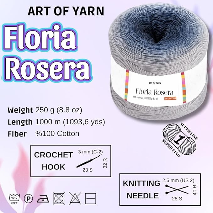 Floria Rosera Ombre 100% Cotton 250g (8.80oz) 1094 Yards Fine 1 Vibrant Multicolor Rainbow for Crochet Knitting Amigurumi Crafts Ideal for Spring Summer Projects Thick Soft