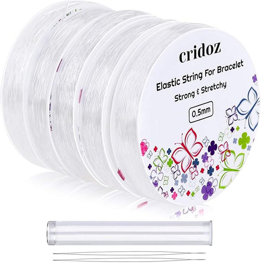 Stretchy String for Bracelets, Cridoz 5 Rolls Clear Elastic String Stretch Cord Jewelry Bead Bracelet String with 2 Pcs Beading Needles for Seed Beads, Pony Beads