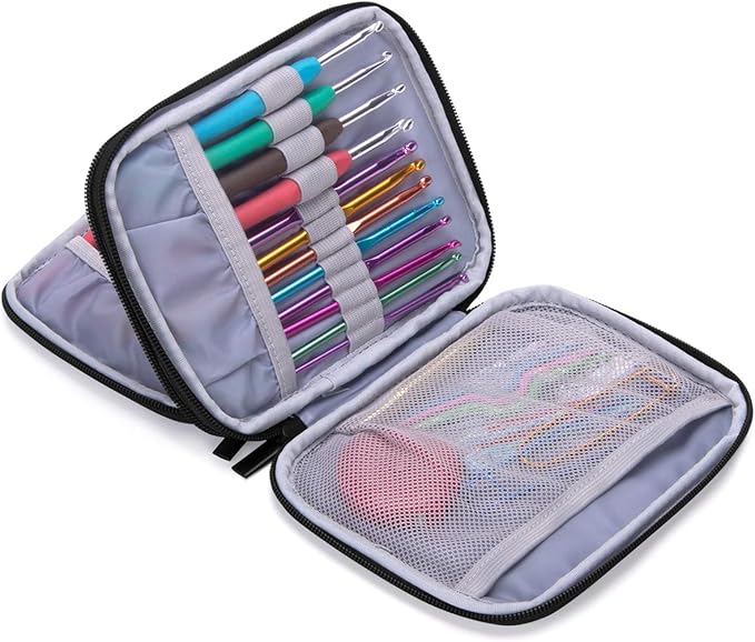 Damero Crochet Hook Case, Organizer Zipper Bag with Web Pockets for Various Crochet Needles and Knitting Accessories, Well Made and Easy to Carry, Medium, Gray Dots (No Accessories Included)