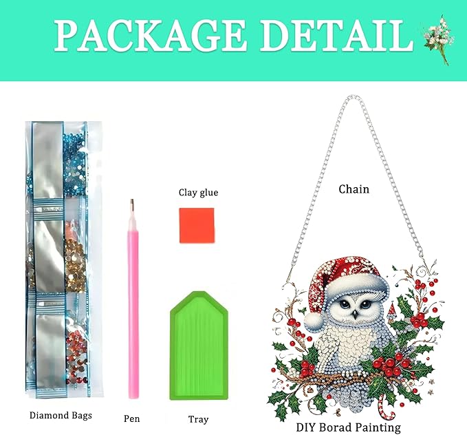 Auremi Christmas Diamond Art Painting Pendant Kits with Chain,5D Owl Diamond Art Hanging Kit DIY Diamond Crystal Window Door Hanging Pendant Kit for Adults Gift Wall Decor