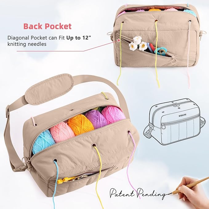 MYBAGZIGN Crochet Bag Organizer for Yarn & Hooks, Large Capacity Yarn Storage Bag with Yarn Holder Holes, Portable Crochet & Knitting Bag for Crocheting on The Go, Craft Travel Bag Gifts for Women