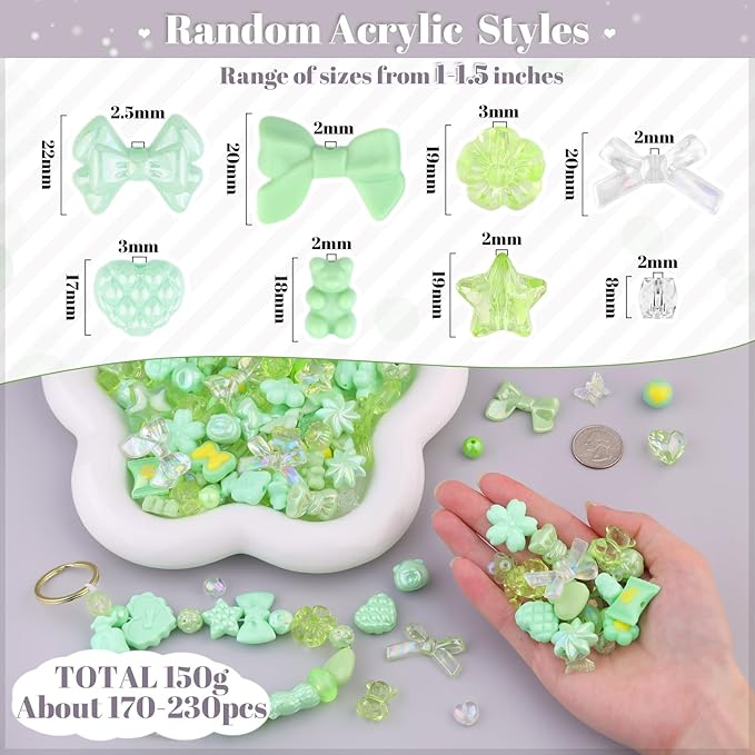 200-260PCS TINKRSTUFF Assorted Acrylic Beads Green Cute Beads for Bracelet Making, Bow Flower Butterfly GummyBear Kawaii Charms, Aesthetic Bead for Necklace Jewelry Making DIY Keychain Phone Charm