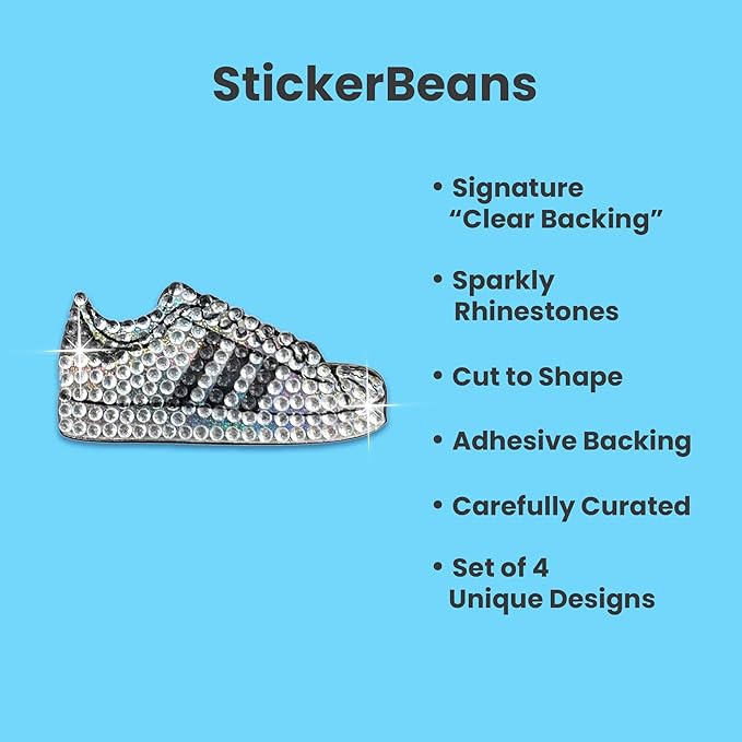 stickerbeans® rhinestone stickers - white spirit 4-pack, 2” x 2” each, unique sparkly cut-to-shape for collecting, trading, decorating laptops, phone cases, scrapbooks, for kids, teens, & adults