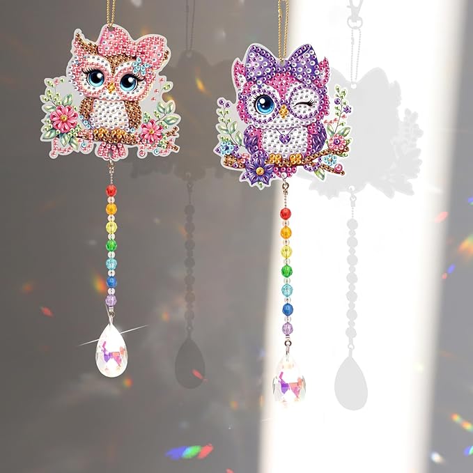 LazyFold 2 Pcs Diamond Painting Wind Chime Kits,Cute Owls DIY Diamond Art Painting Wind Chime Kits Crystal Art Suncatchers for Adults Home Garden Window Craft Gift
