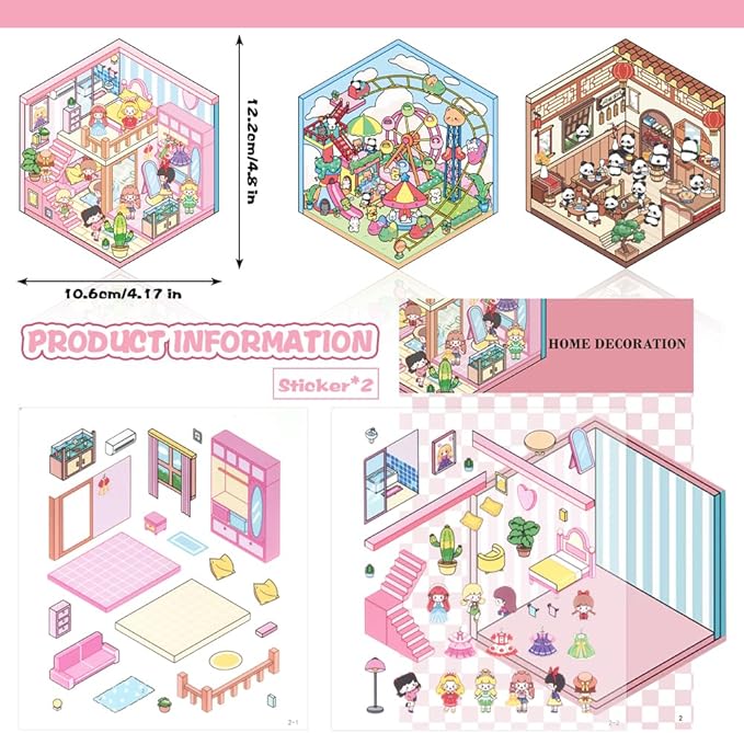 Scrapbooking Supplies Kit,DIY 3D Stickers Scene,3 Set Funny DIY Sticker Scenes,Make Your Own Cute 3D Miniature Room Scene Stickers for Adults Relief Stress Pass The Time.4-5-6