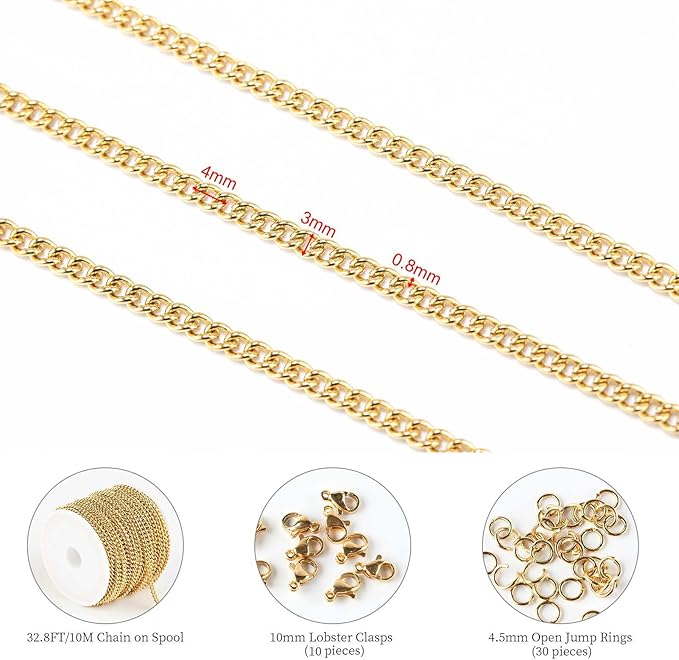 32.8 Feet Twisted Curb Chain for Jewelry Making Gold Plated Stainless Steel Jewelry Chains Bulk for Necklace DIY with Open Jump Rings and Lobster Claps
