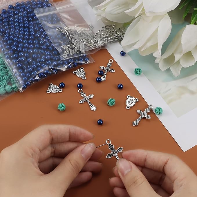 OEMOO 1410PCS Rosary Jewelry Making Kit Rosary Prayer Making Supplies Carved Rose Beads Cross Centerpiece Crucifix Medal Kit First Communion Necklace Set for Rosary Necklace Jewelry Making (Blue)