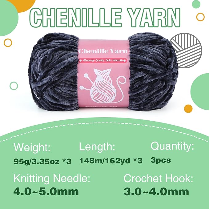 LUNARM Chenille Velvet Yarn for Crocheting Knitting, Soft Yarn for Making Blankets, Clothes, Pattern Knitting - 3*3.35oz,3*162yds (Blue Gray)