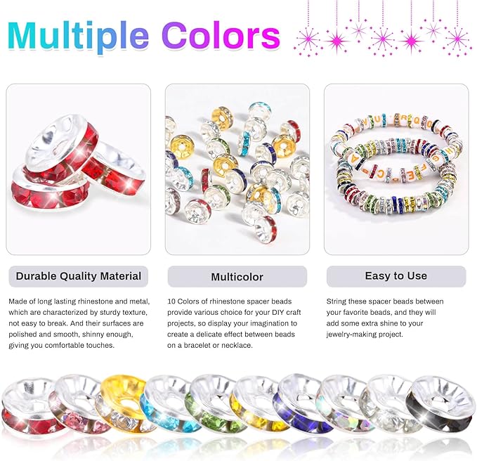Rondelle Spacer Beads for Jewelry Making, 600 Pieces Rhinestone Spacer Beads Crystal Bead Spacers for Jewelry Making, Bracelets (10 Colors)