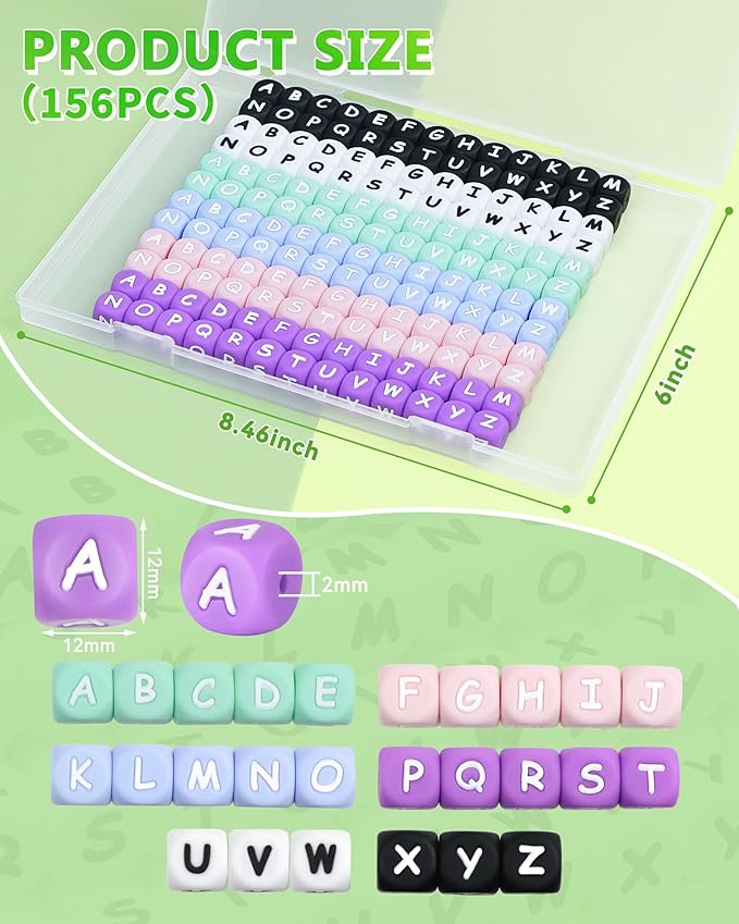 156Pcs FIVEIZERO Colorful Silicone Letter Beads, 12mm A-Z Alphabet Beads,Square Bead for Bracelets and Keychains, Large Letter Bead for Necklaces and Lanyards Making