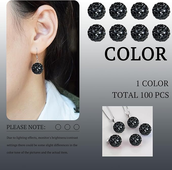 10mm Grade A Rhinestone Beads for Baseball Necklace-Round Disco Ball Beads Rhinestone Clay Bead for Earring Jewelry Making,Necklace Bracelet,DIY Craft Supplies(100 pcs Black)