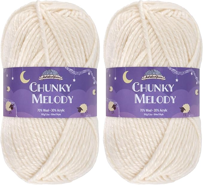 JubileeYarn Chunky Melody Yarn - 100g/Skein Bulky Wool Blend - White - 2 Skeins
