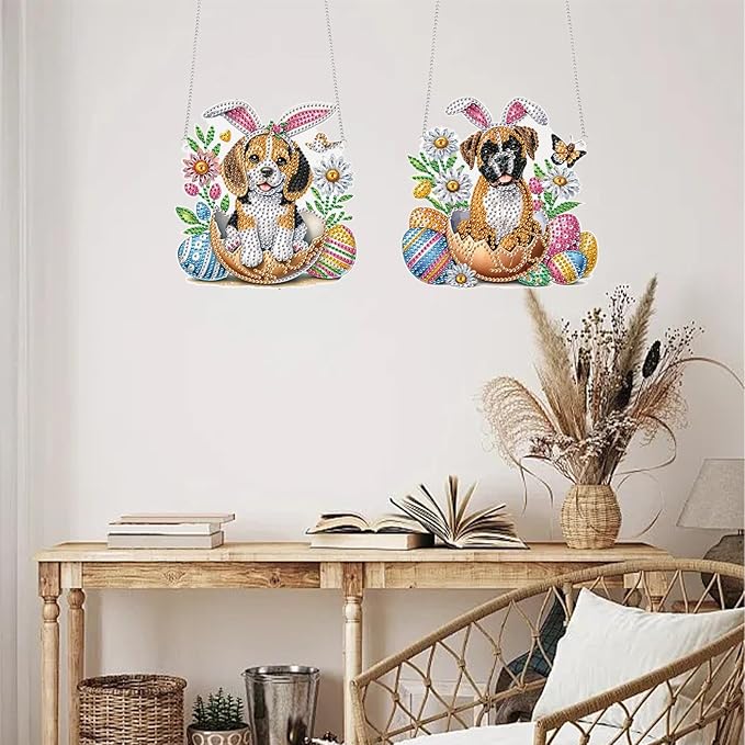 TDFERAN Puppy Dog Diamond Art Painting Hanging Pendant 2 Kit Animal Diamant Acrylic Cute Puppy Ornaments Diamond Pendant for Adult Home Entrance Window Decor Gemstone Handmade Crystal Puzzle
