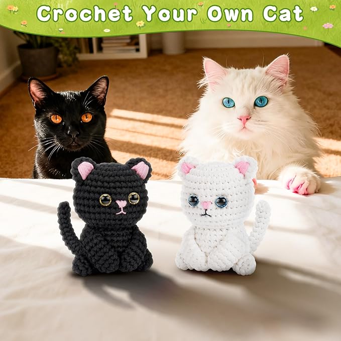 Fortuning's JDS Crochet Kit for Beginners, Cat Crochet Kits Complete Starter Kit with Step-by-Step Video Tutorials, Knitting Kit Adults, DIY Craft Gift for Birthday, Valentine's Day, Christmas