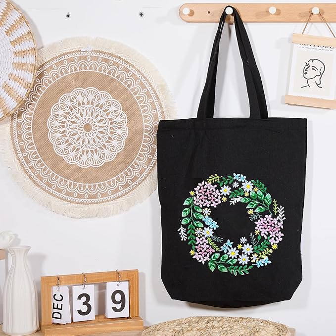 CREAWONDER Canvas Tote Bag Embroidery Kit with Pattern for Beginners, Arts and DIY Embroidery Crafts Kits for Adults, Include Instructions, Thimble, Embroidery Hoops, Color Threads and Tool