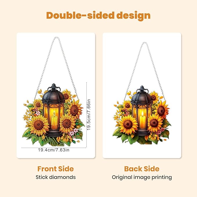 MXJSUA Lantern Sunflowers Special Shaped Hanging Diamond Painting Art Kits for Adults, Crystal Rhinestone Acrylic Gem Art Pendant Ornaments Kit for Home Decoration and Gift