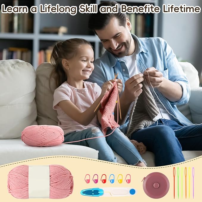 GliCraft Knitting Kits for Beginners Adults Hat Knit Kit with Yarn, Knitting Needles, Faux Pom, Scissors, Measuring Tape Practical and Easy to Use Complete Beginners for Women Men Present(Dark Pink)