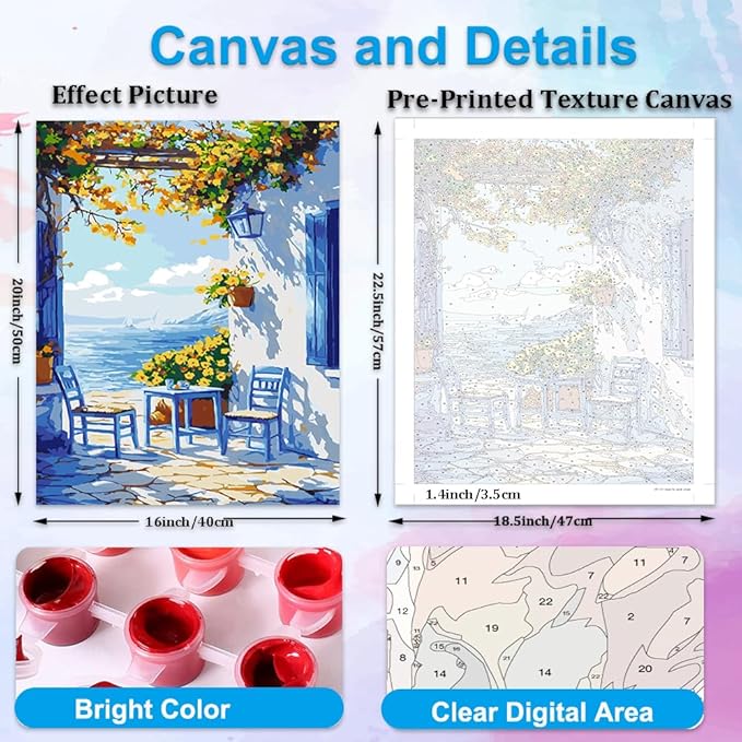 Artunion Mediterranean Greek Island Paint by Numbers Kit for Adults,Santorini Landscpe Paint by Number Kits,DIY Oil Painting Paint by Number Kits on Canvas Arts Craft for Home Wall Decor 16x20 Inch