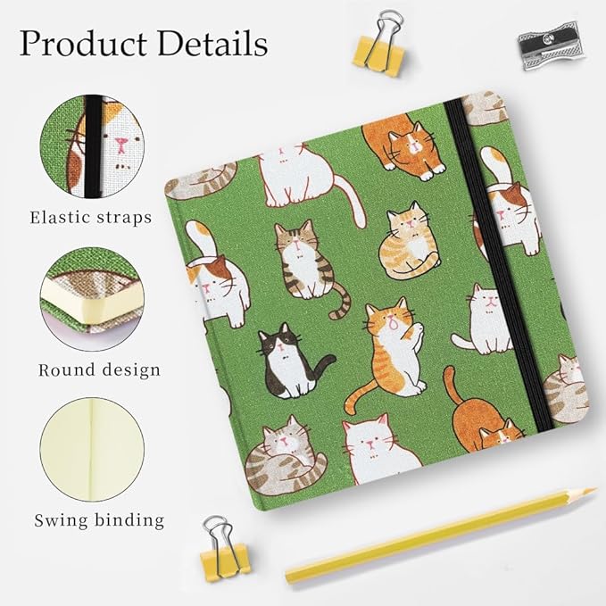 Mifuner Small Square 4.8x4.8 80gsm Mini Notebooks Blank Pages Sketchbooks Travel Journal Pocket Hardcover Paint Writing Notebook Blank Diary Memo Planner Sketchbook Fabric Cover, Cat