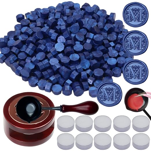 Sea Blue Sealing Wax Beads, ONWINPOR 400pcs Wax Seal Kit with Warmer, Non-Slip Spoon, Candles for Envelopes, Stamp Letter Seal,Wedding Invitations (Sea Blue)