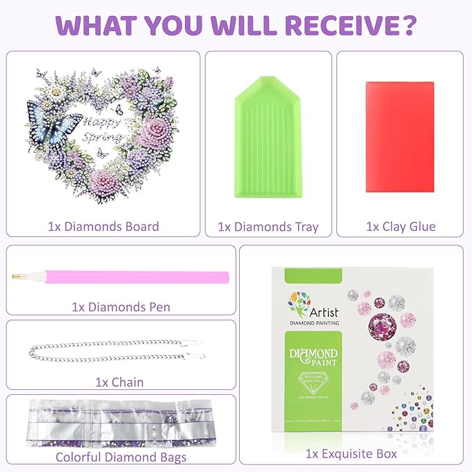 MEIYUDA Flower Wreath Diamond Art Hanging Kits for Adult, Happy Spring Diamond Painting Hanging Kits Ornaments, DIY Special Shaped Rhinestone Window Pendants Kit for Home Garden Wall Decor