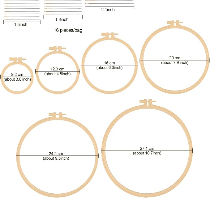 6 Pcs Embroidery Hoop 6 Size, Round Plastic Cross Stitch Hoop with 16 Needles (3.6In to 10.7 in), Small Embroidery Hoop, Cross Stitch Hoops and Frames, Suitable for Embroidery, Craft Sewing