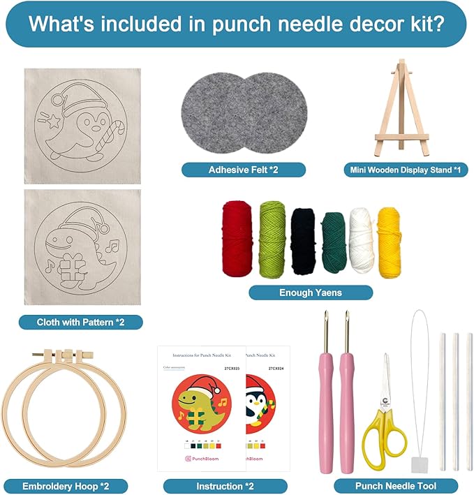 Christmas Punch Needle Kit for Adult Beginner, Easy Punch Embroidery Starter Set with Instruction, Fun DIY Needle Point Craft for Home Decor & Holiday Gift Idea(2pcs Dino & Penguin)