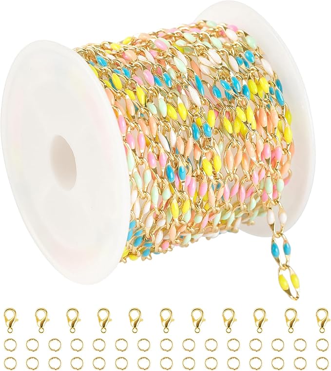 Mixed Color Enamel Cable Rolo Chains Bulk Oil Drip Rainbow Necklace Bracelet DIY Jewelry Making Supplies Gold Plated Brass Chain Roll