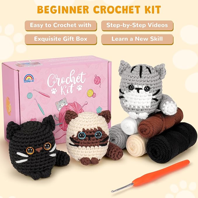 Fortuning's JDS Crochet Kit for Beginners, Cat Crochet Kit for Adults Beginner, Complete DIY Crochet Starter Kit with Step-by-Step Video Tutorials, Easy Knitting Kit Cat Crochet Gifts