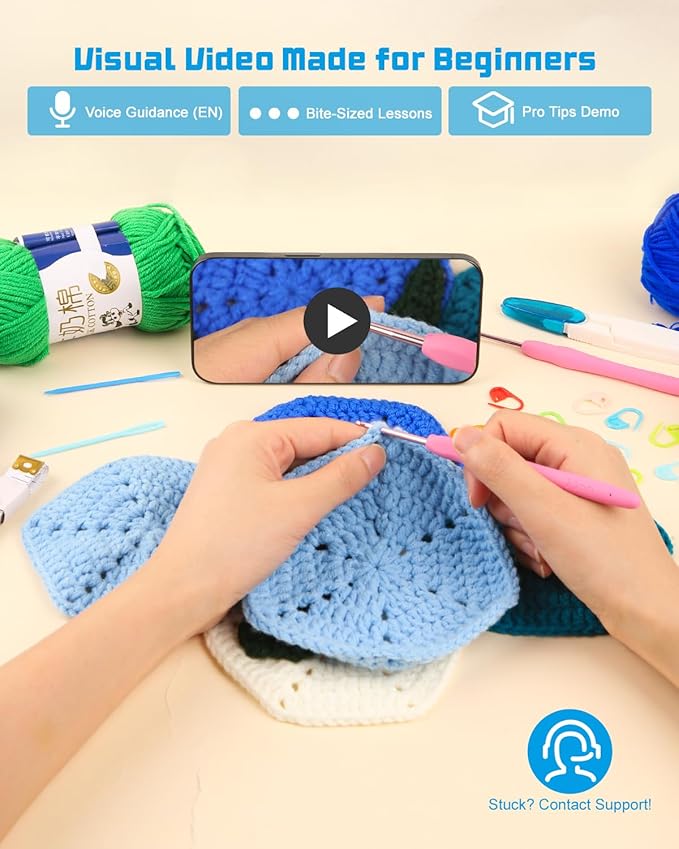 Arborthread Crochet Kit for Beginners, Granny Squares Blanket Knitting Kit w/Step-by-Step Video & Printed Guides for Adults, Kid-Friendly Patterns