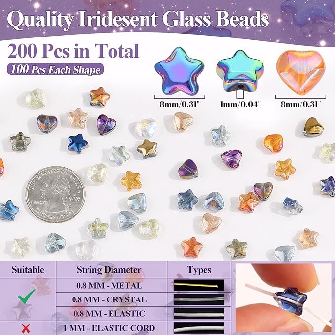 200PCS 8MM Glass Star Beads Bedazzling Irisedent Glass Beads,Crystal Star Heart Beads,Eletroplated Mixed Colors Cute Bead for Necklace Bracelet Earring Jewelry Making, Spacer Bead for Crafting & DIY