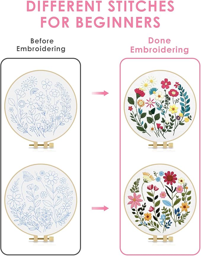 TINDTOP Embroidery Kit for Adult, Owl Embroidery Kit for Beginners Include Embroidery Cloth Hoops Threads for Craft Lover Hand Stitch with Embroidery Skill Techniques (Florals)