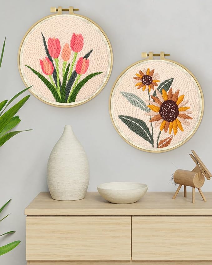 ERKOON Punch Needle Kit Adults Beginners, 2 Pcs DIY Easy Flower Embroidery Set for Starter Art Craft, Needling Punching Project with Patterns, Tools, Yarns, Hoop, Instruction (Sunflowers & Tulips)