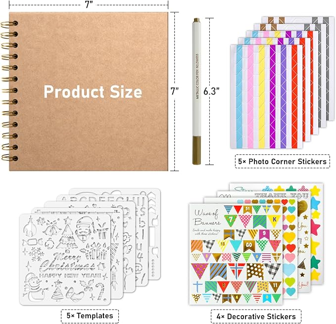 GOTIDEAL 7 x 7 Inch Scrapbook Album with Metallic Markers,40 Pages Kraft Paper Photo Albums for Wedding&Anniversary,Family DIY Scrap Books with Scrapbooking Stickers Corners(Yellow)