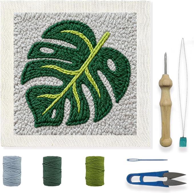 INFUNLY Green Leaf Punch Needle Kits for Beginners Monstera Delicious DIY Punch Needle Embroidery Kit with Instruction Plant Leaf Stamped Handcraft Rug Yarn Hooking Kit for Craft Lovers Home Decor