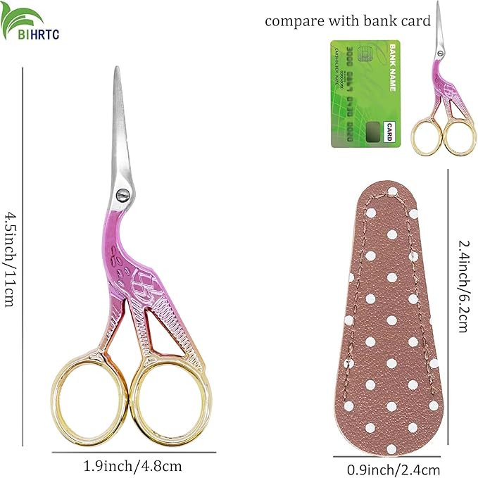 BIHRTC 4.5Inch Stork Stainless Steel Sharp Tip Scissors with Leather Safe Cover Sewing Dressmaker Scissors for Embroidery Craft Needle Work Art Work Handcraft Threading