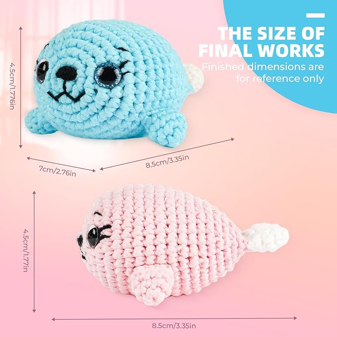 MOREJMTT Crochet Kit for Beginners, Learn to Crochet, Include Easy Knitting Soft Yarn, Step-by-Step Video Tutorial, Hook, Holiday Birthday Gift for Adults (Pink Seal& Blue Seal)