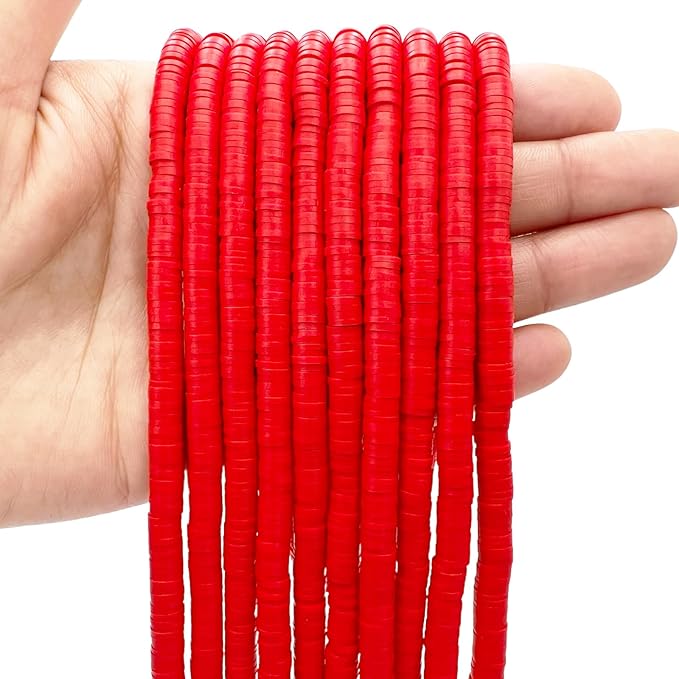 QiQnHngD 10 Strands Red Clay Beads for Friendship Bracelets, Heishi Beads for Bracelet Stack, Flat Spacers for Jewelry Making (Red)