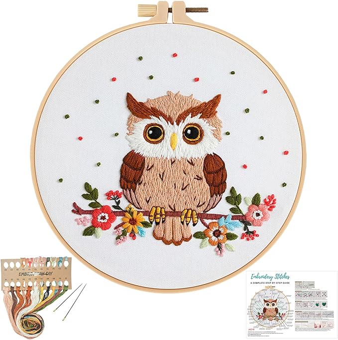 Louise Maelys Owl Embroidery Kits for Beginners with Floral Pattern,Adults Starter Cross Stitch Kit DIY Needlepoint