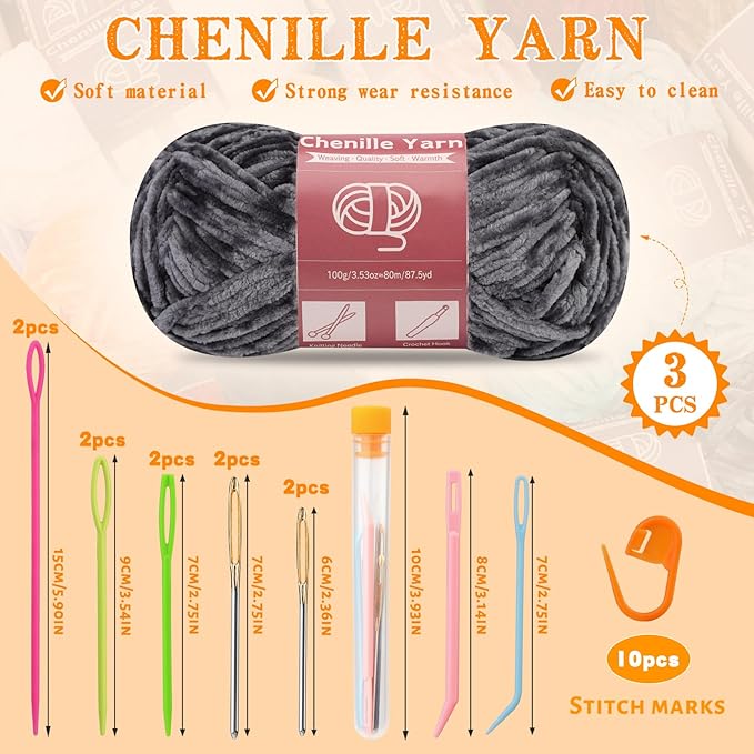LUNARM Chenille Yarn for Crocheting Knitting, 3 Skein 263 Yard Thick Soft Chunky Fluffy Weaving Plush Yarn for Blankets Clothes Pattern Creations with Big Eye Needles (Dark Gray)